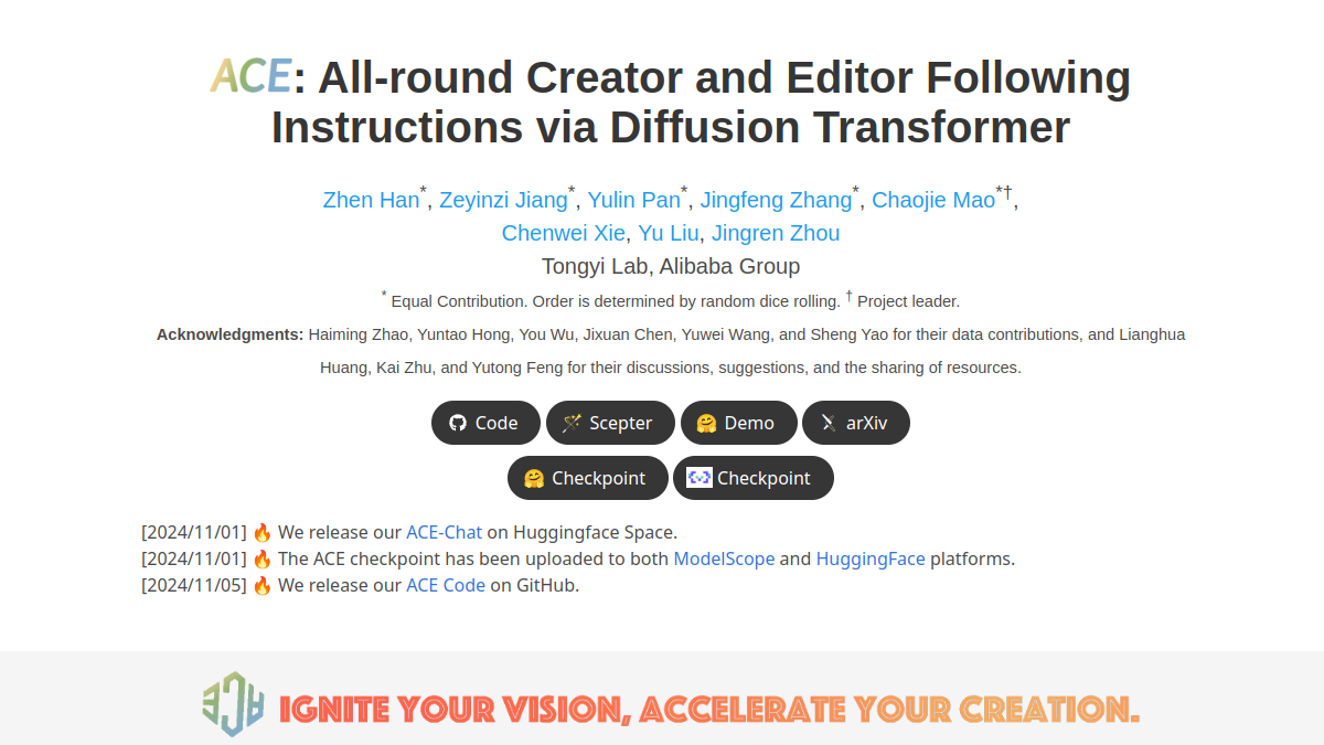 ACE: All-round Creator and Editor Following Instructions via Diffusion Transformer官网截图