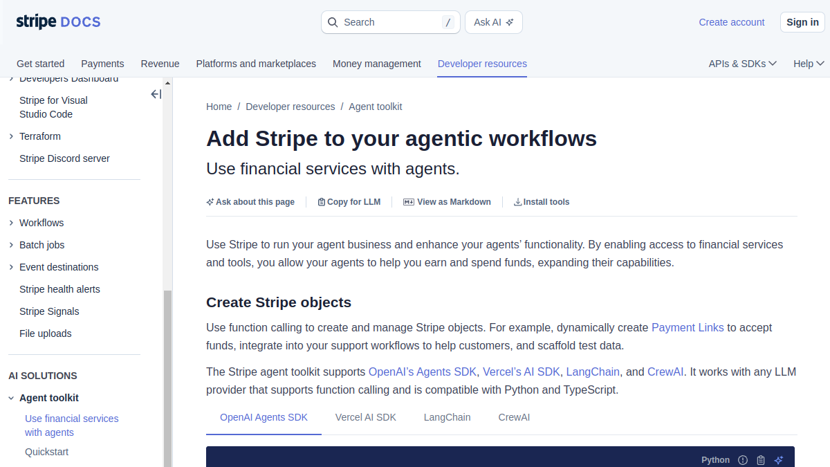 Stripe Agent Toolkit官网截图