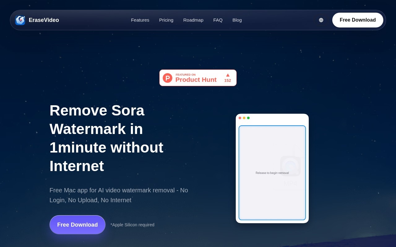EraseVideo — The Best Way to Remove Sora Watermark on Mac官网截图