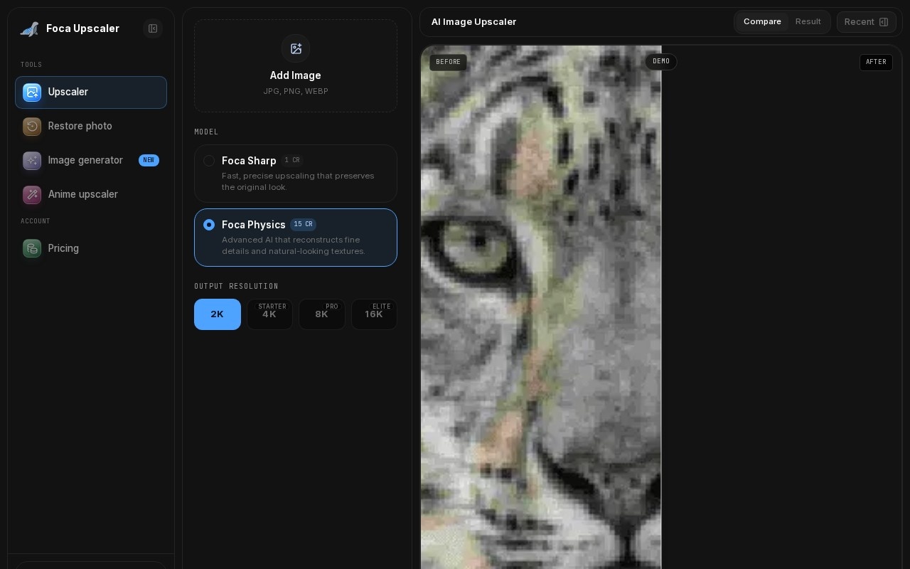 Foca Upscaler - One-Click Physics-Aware AI Image Enhancer官网截图