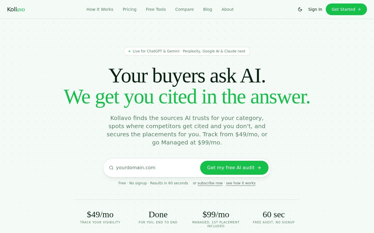 Kollavo - Get Cited in AI Search | $99/mo Managed Service官网截图