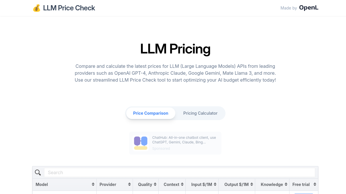 LLM Price Check官网截图