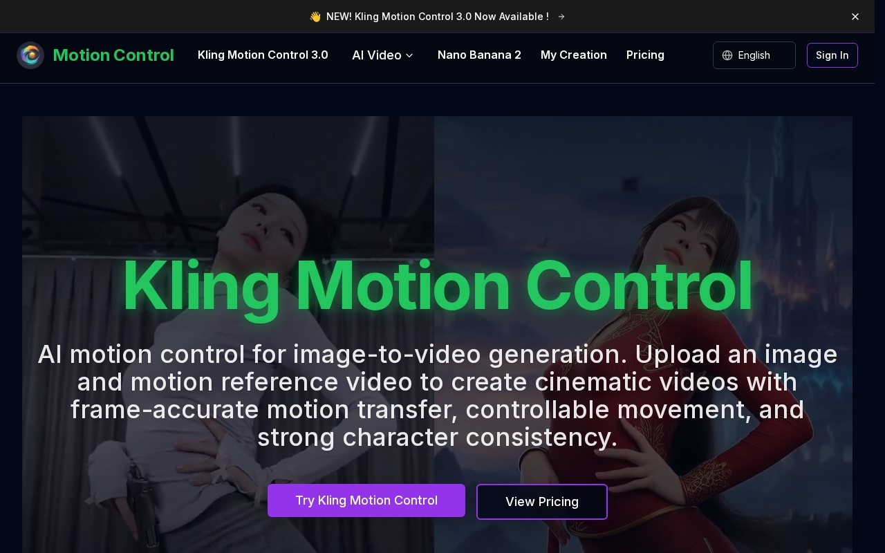 Kling 2.6 Motion Control官网截图