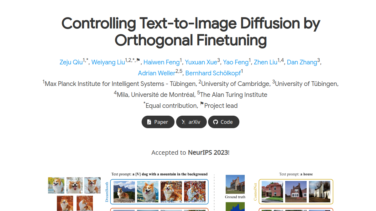 Orthogonal Finetuning (OFT)官网截图