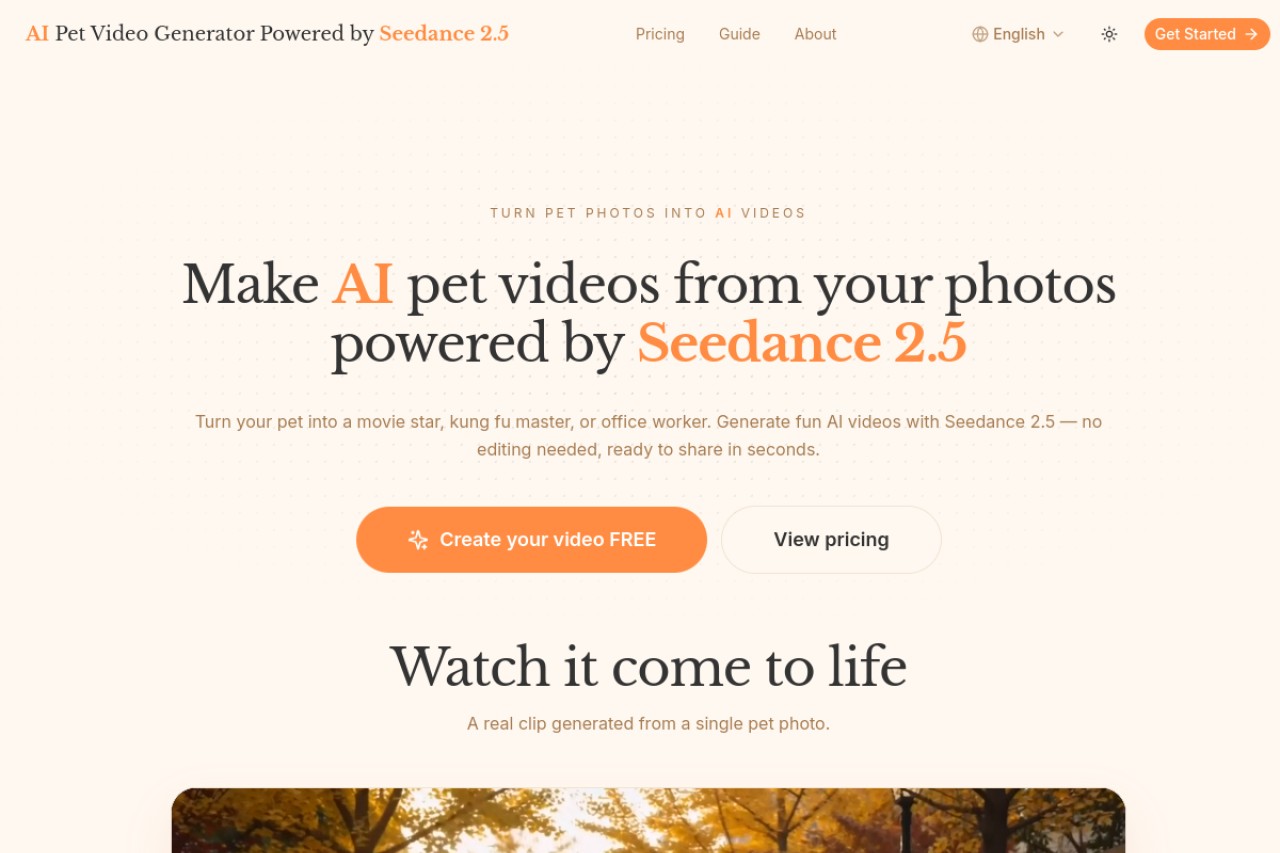AI Pet Video Generator Powered by Seedance官网截图