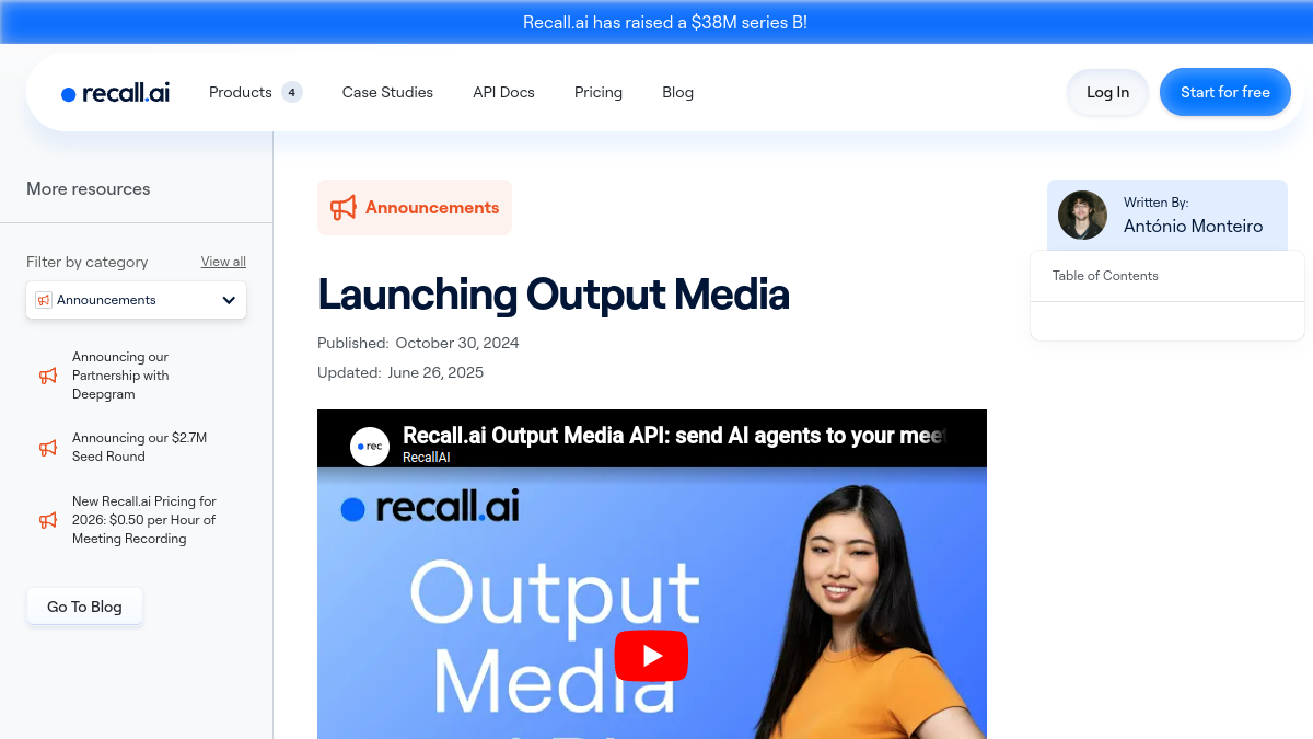 Recall.ai Output Media官网截图