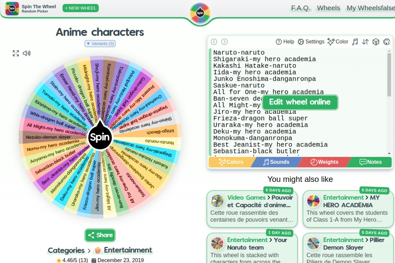 Anime characters | Spin the Wheel官网截图