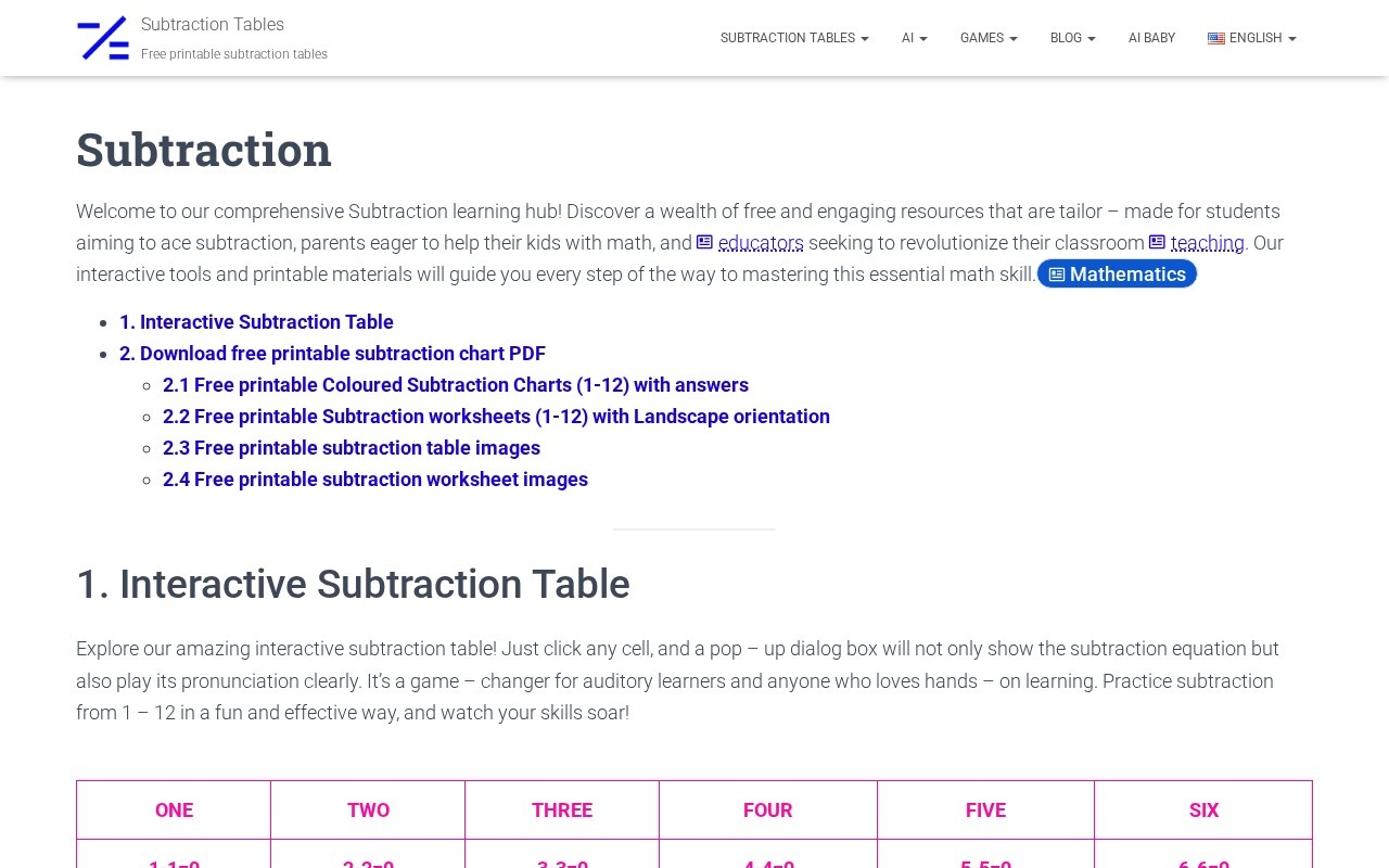Subtraction Tables官网截图