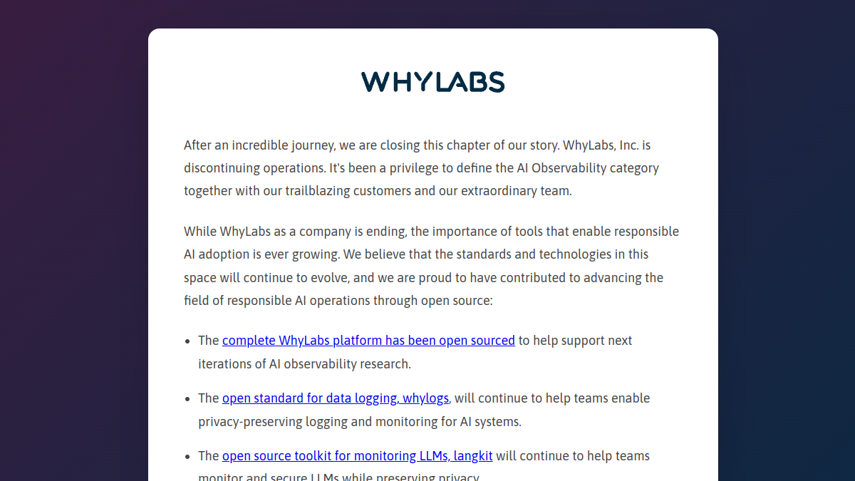WhyLabs AI Observatory官网截图